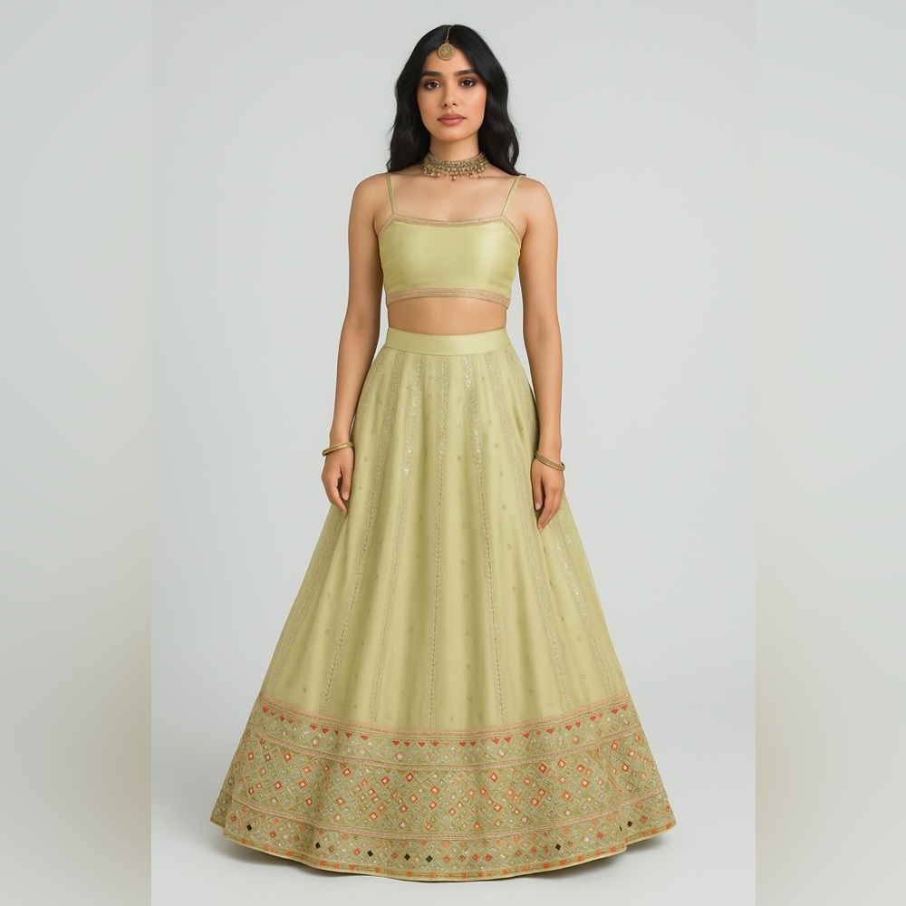 The Saree Room Sage City Blouse, Mint Anvi Skirt, and Cream Laquer Dupatta Set